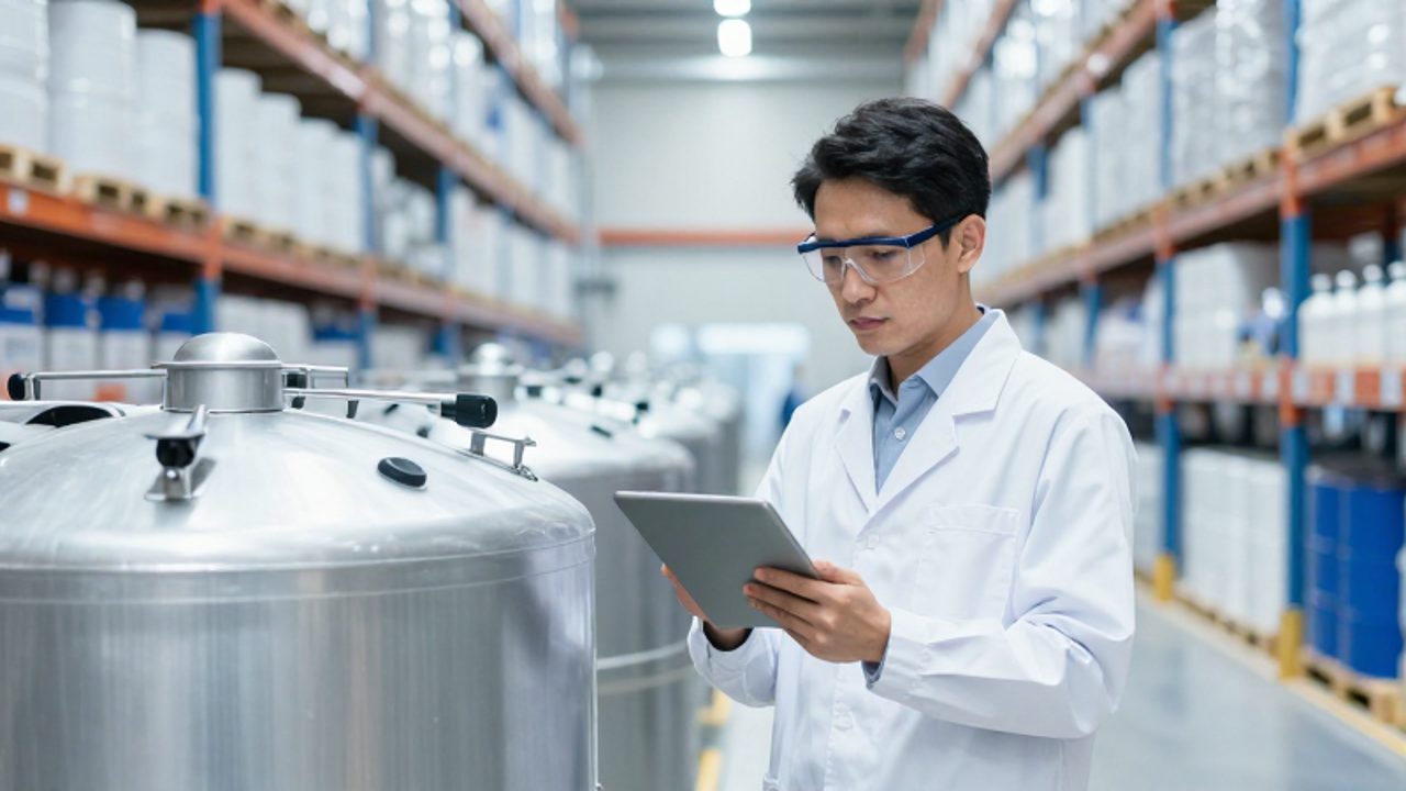 Un responsable de control de calidad supervisa un contenedor de productos químicos mediante una tableta digital en un almacén industrial organizado.