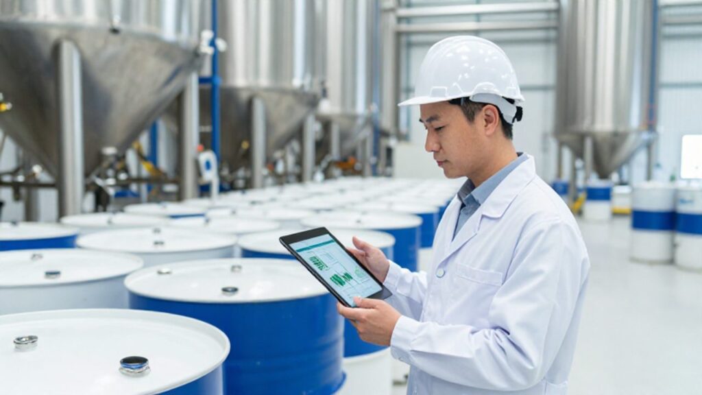 Un inspector de control de calidad utiliza una tableta digital para supervisar la estación de llenado de productos químicos en un almacén industrial moderno y organizado.
