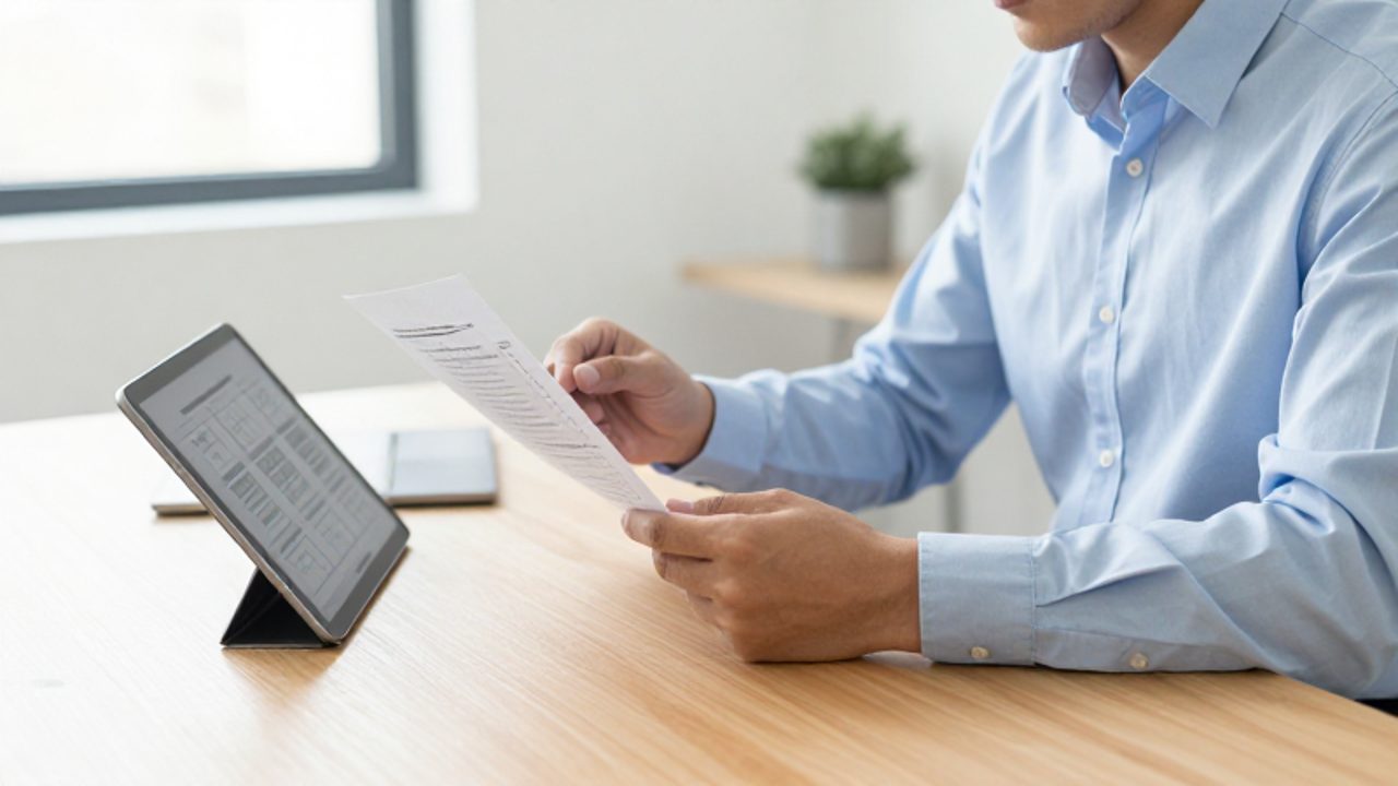 Un gestor de calidad revisa una lista de verificación impresa y compara los datos con un gráfico de procesos en una tableta sobre su escritorio.