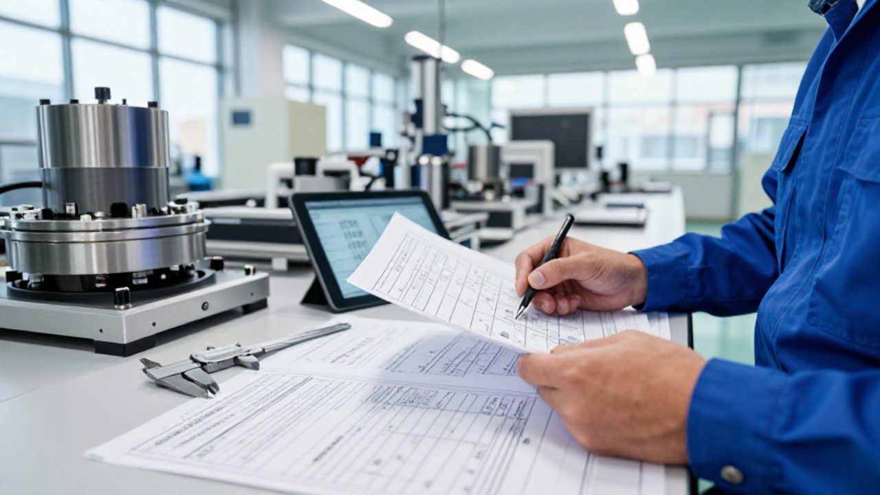 Un gestor de calidad revisa documentación técnica y planos junto a un componente automotriz en una planta de fabricación moderna.