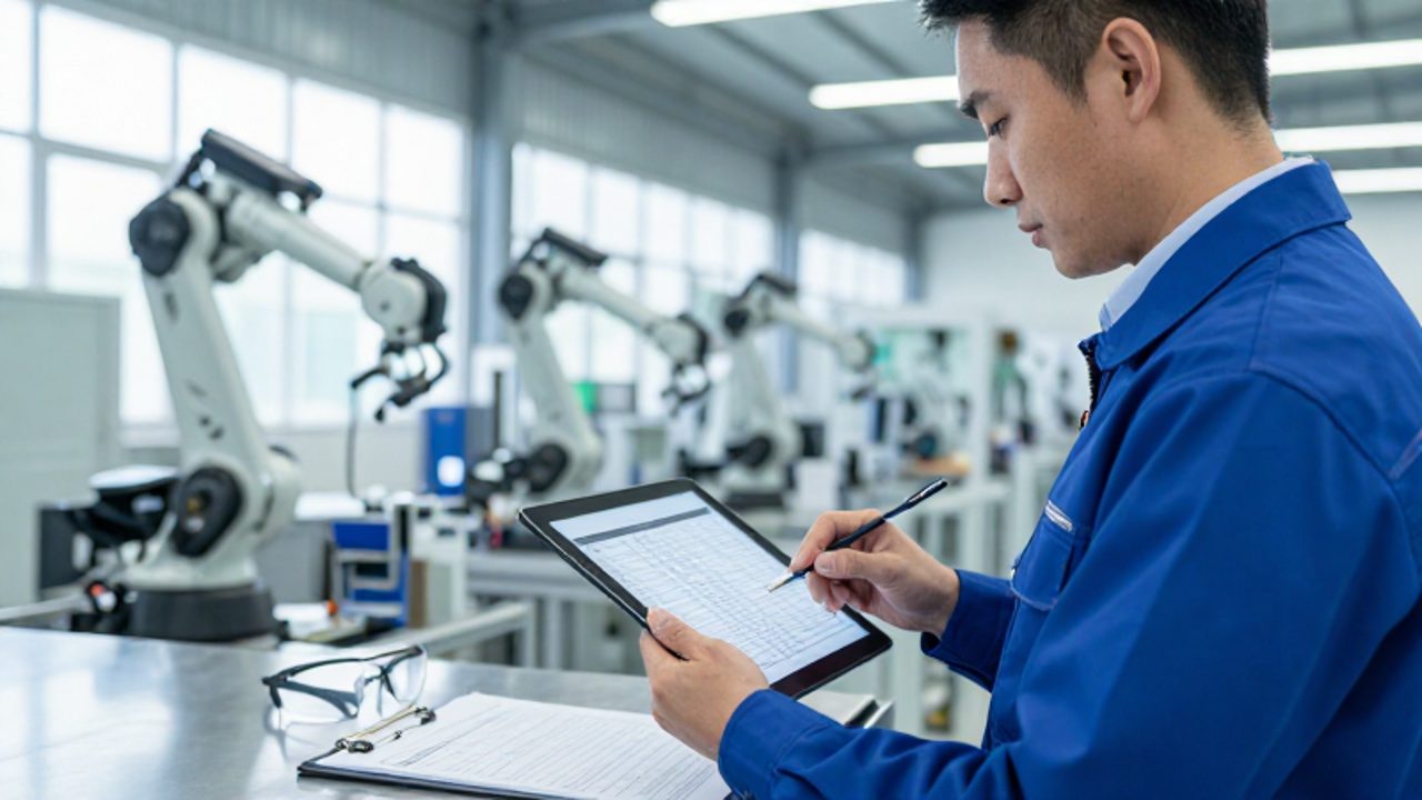 Un auditor realiza una inspección de calidad con una tablet en una planta de fabricación automotriz moderna y organizada.