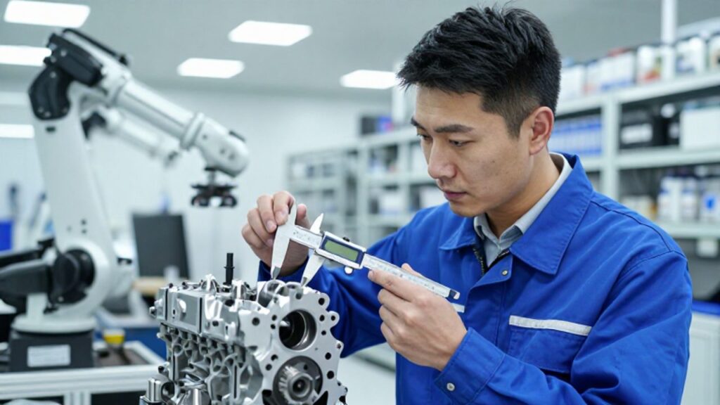 Un gestor de calidad inspecciona con un calibre digital un componente de motor en una planta de fabricación automotriz de alta tecnología.