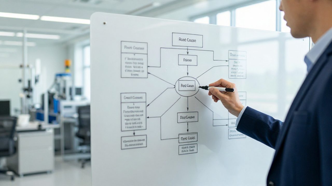Un responsable de calidad analiza un diagrama de Ishikawa en una pizarra blanca para identificar la causa raíz de un problema en una oficina industrial.