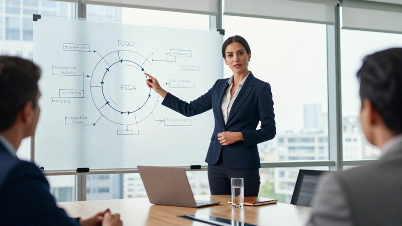 Una ejecutiva lidera una reunión estratégica señalando diagramas del ciclo PHVA dibujados en una pizarra de cristal en una oficina moderna.