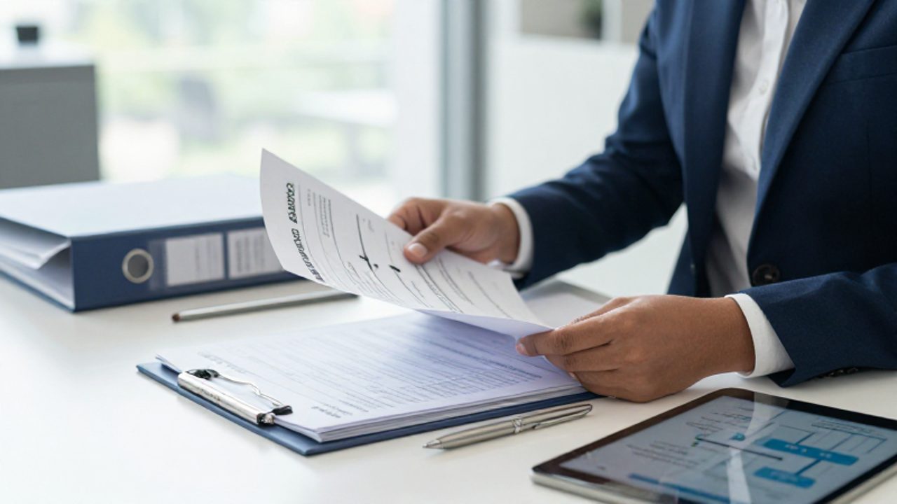 Un gestor de calidad revisa documentos y manuales técnicos organizados sobre un escritorio en una oficina moderna.