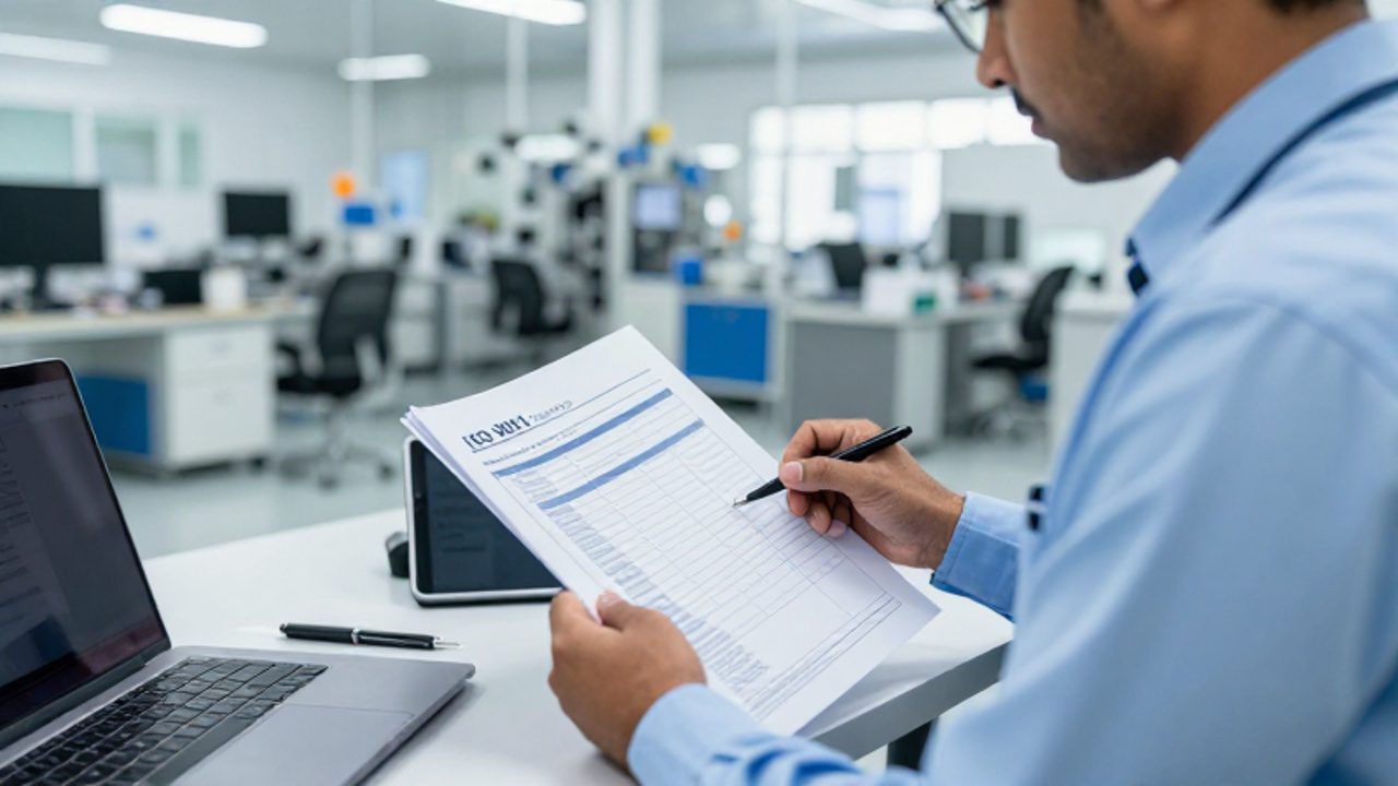 Una gestora de calidad revisa documentos y una tableta durante una auditoría de seguimiento en una moderna planta de fabricación.