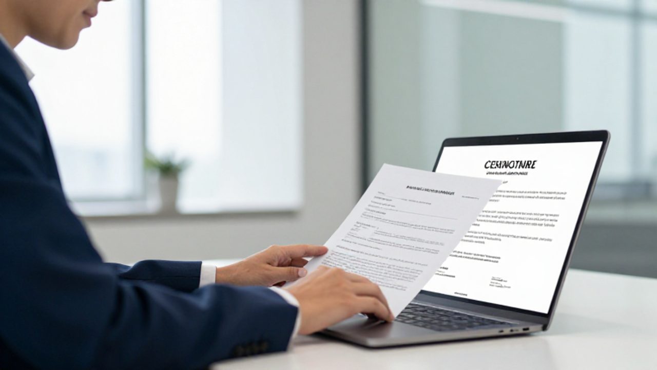 Un gestor de calidad revisa atentamente un certificado en la pantalla de un ordenador portátil en una oficina moderna.