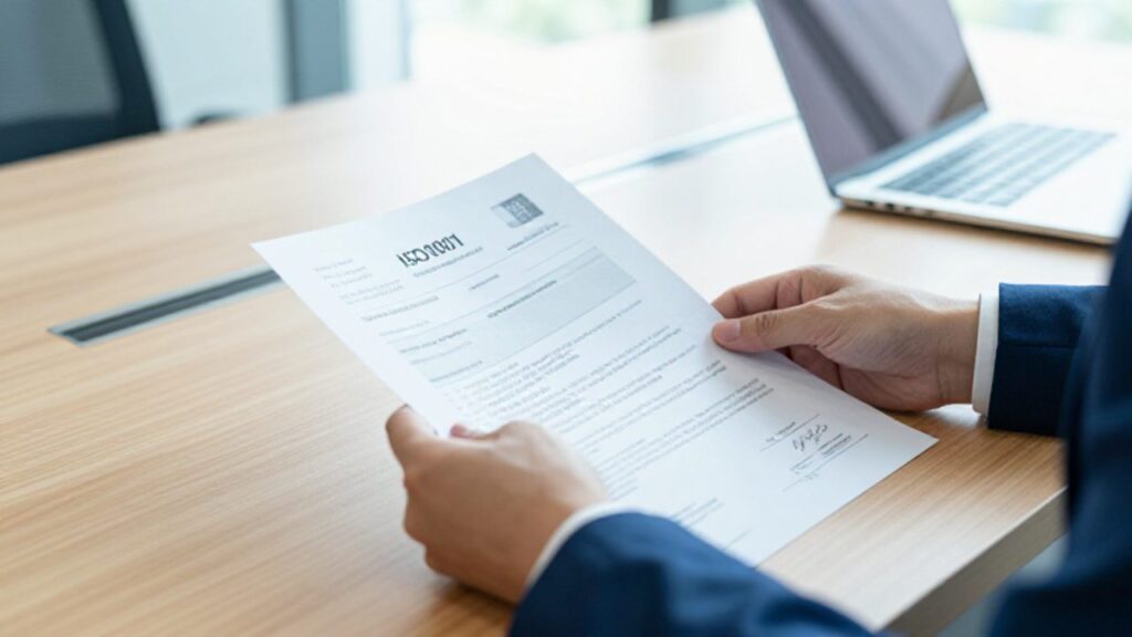 Un responsable de calidad examina minuciosamente el número de certificado en un documento de la norma ISO 9001 sobre un escritorio de oficina.