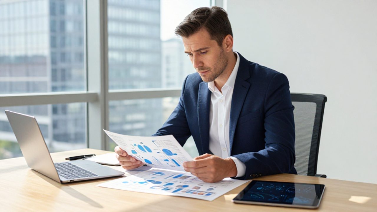 Un gestor de calidad analiza mapas estratégicos y organigramas en su escritorio dentro de una oficina moderna con vistas a una zona empresarial.