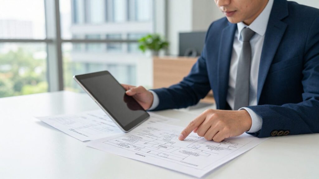 Gestor de calidad revisa un diagrama de flujo de procesos sobre una mesa en una oficina moderna y luminosa.