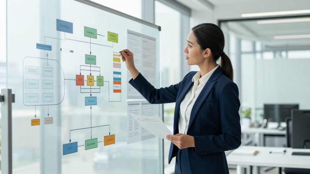 Una gestora de calidad analiza diagramas de procesos y documentos técnicos en una pizarra de cristal dentro de una oficina moderna.