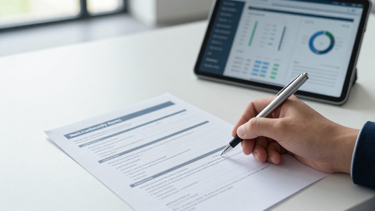 Una persona firma un reporte de no conformidad sobre un escritorio de oficina junto a una tableta con gráficos de datos.