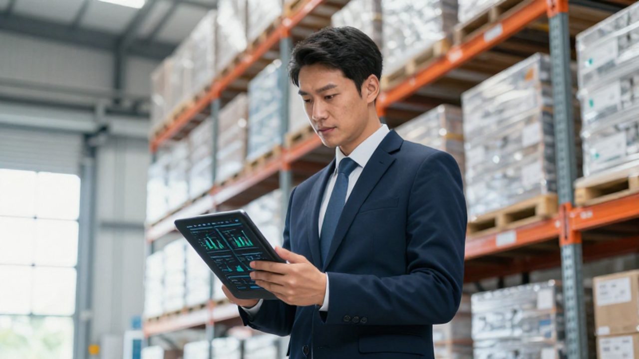 Un gestor logístico inspecciona gráficos de la cadena de suministro en una tableta digital dentro de un almacén moderno y organizado.