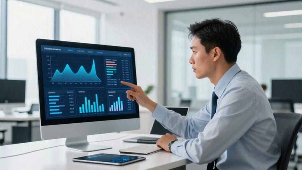 Gestor de calidad analiza gráficos de datos digitales en un monitor en una oficina moderna y luminosa.