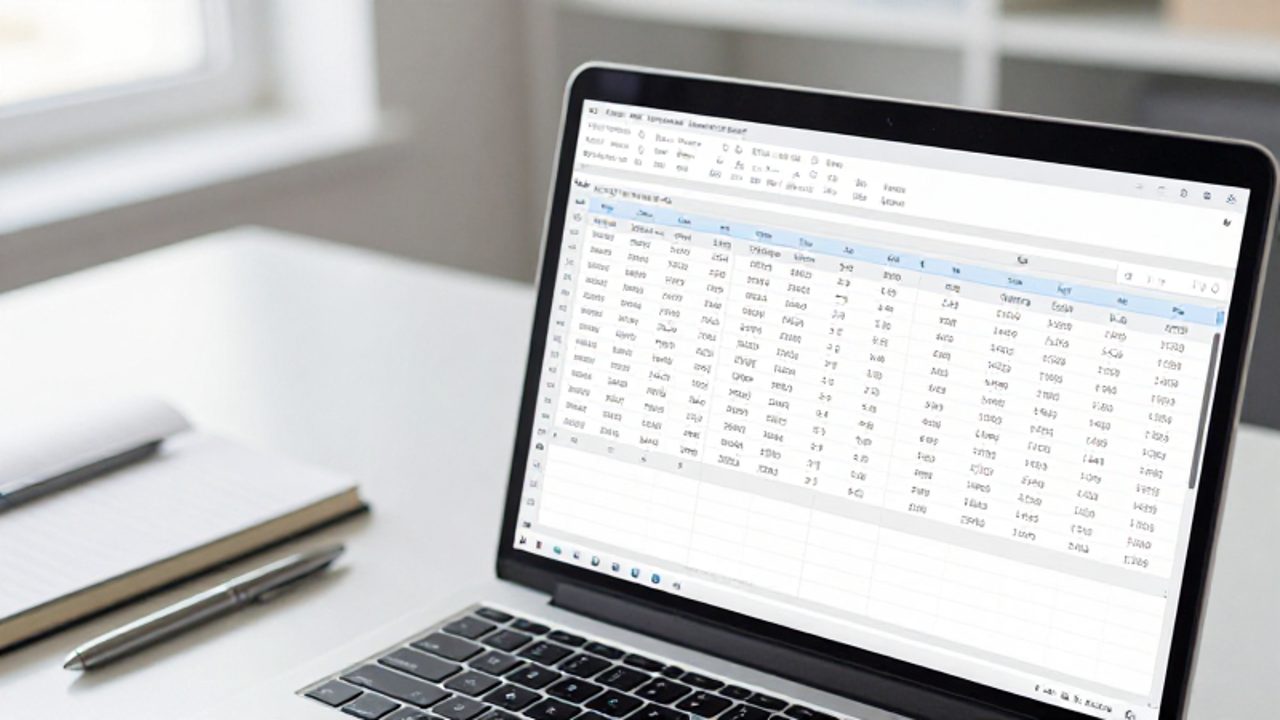 Primer plano de una pantalla de portátil que muestra una tabla de Excel organizada con columnas de fechas, nombres de procesos y valores numéricos sobre un escritorio de oficina.