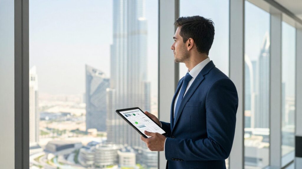 Especialista en gestión de calidad con traje profesional sostiene una tableta digital frente a un ventanal de una oficina en Dubái con vistas al Burj Khalifa.
