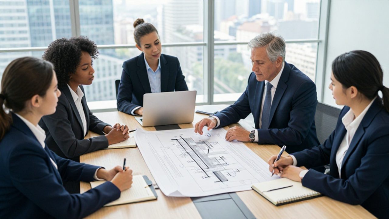 Grupo de líderes corporativos reunidos en una sala de juntas moderna analizando un plan estratégico sobre la mesa.