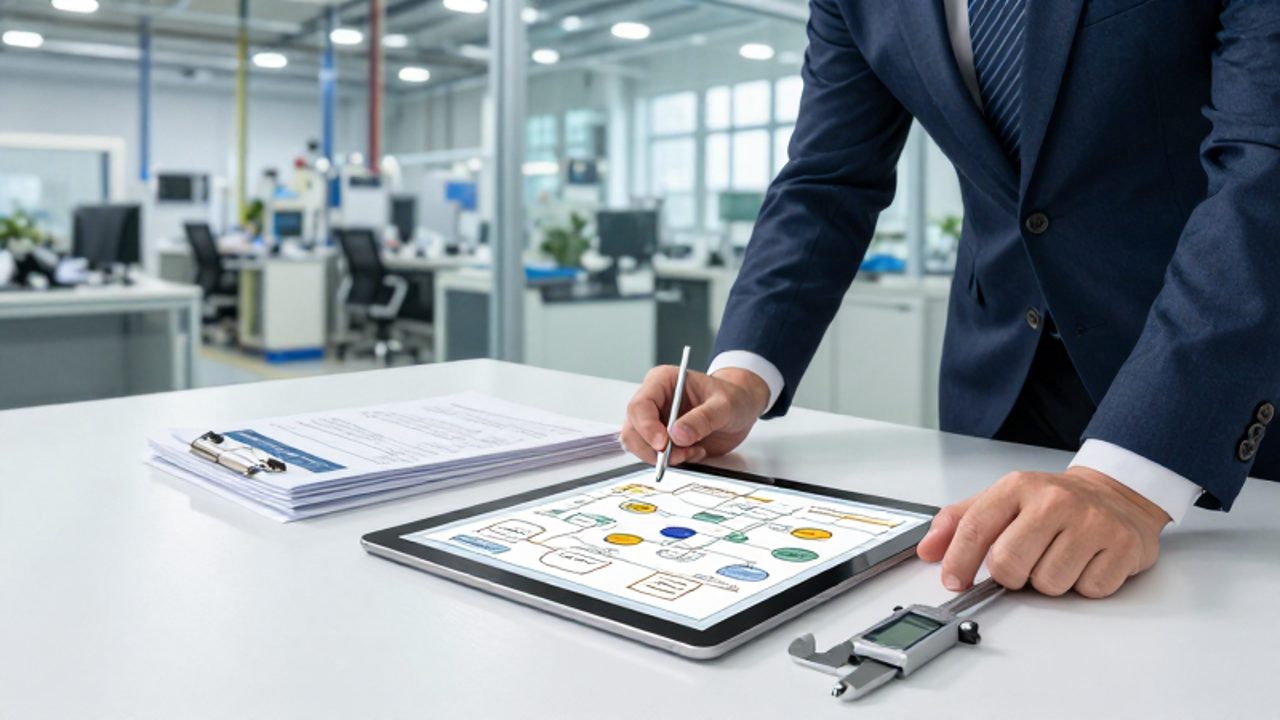 Gerente de control de calidad revisa un diagrama de flujo de procesos en una mesa de trabajo frente a una planta de producción.