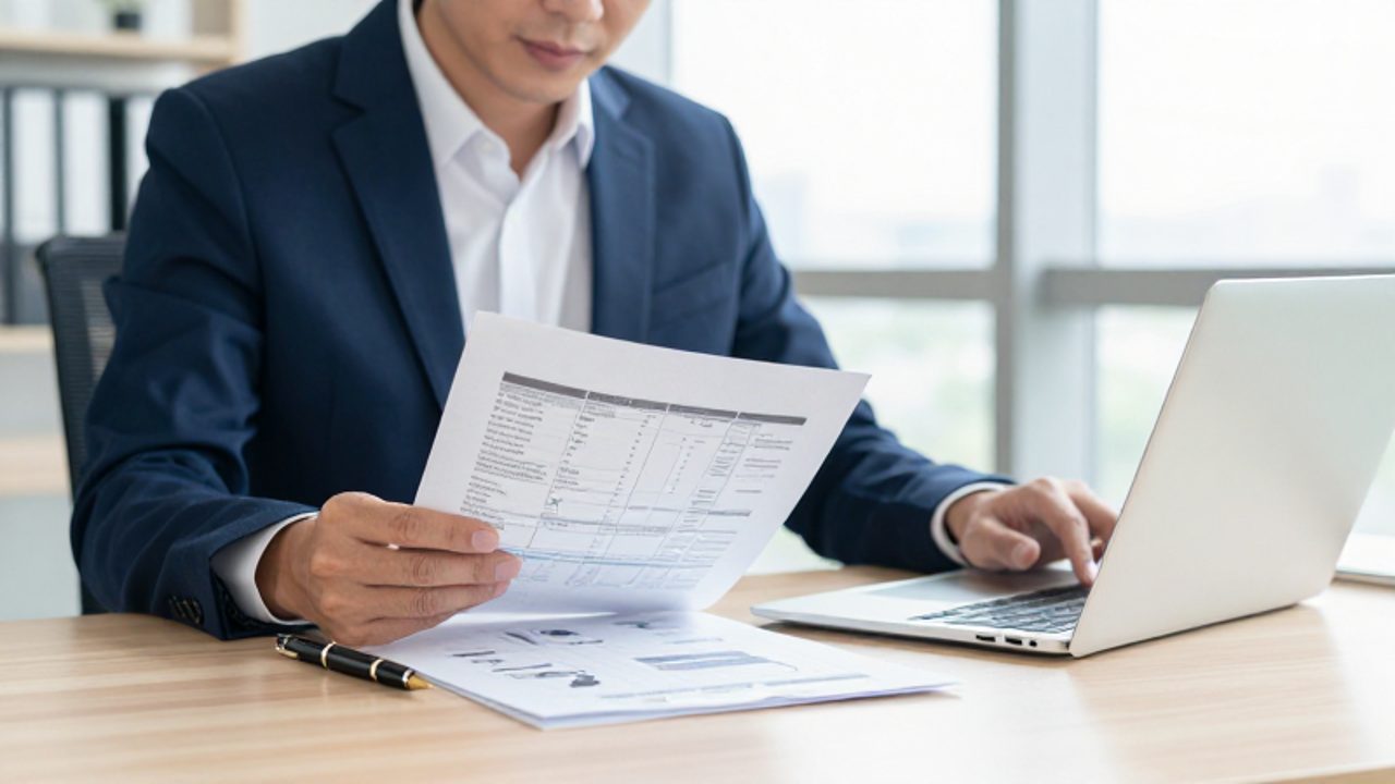 Un profesional de la calidad revisa atentamente documentos técnicos y una lista de verificación en un entorno de oficina moderno.