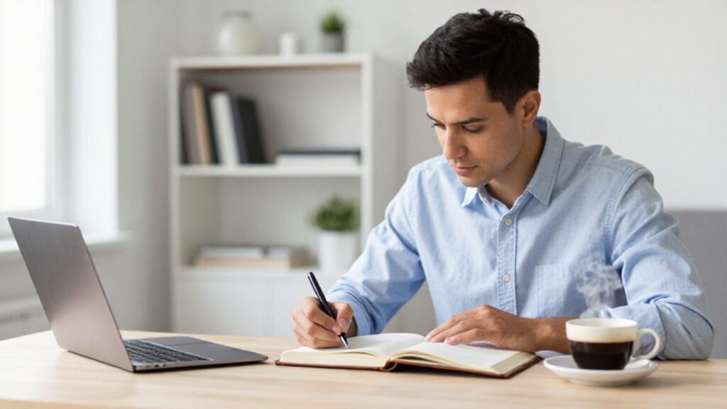 Persona estudiando con atención frente a un escritorio ordenado con un libro, libreta de notas y un ordenador portátil en una oficina luminosa.
