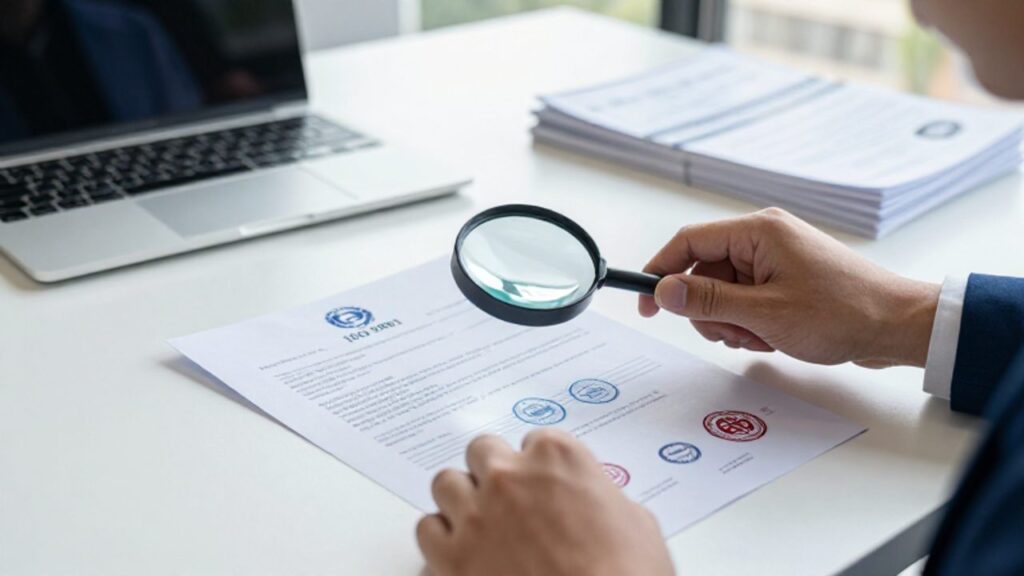 Un auditor examina con una lupa los sellos de autenticidad de un certificado ISO 9001 sobre un escritorio de oficina.