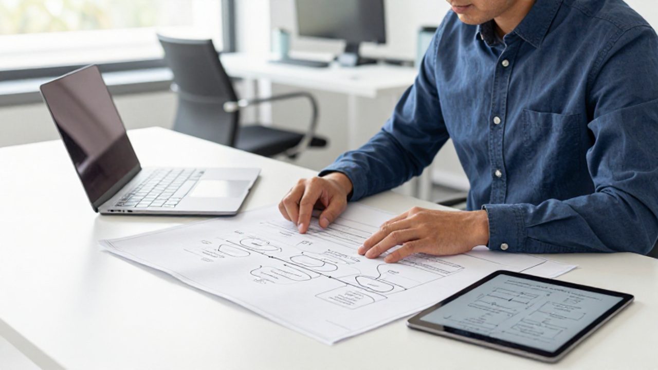 Un arquitecto de software planifica el alcance de un proyecto sobre un escritorio con planos y diagramas de flujo en una oficina moderna.