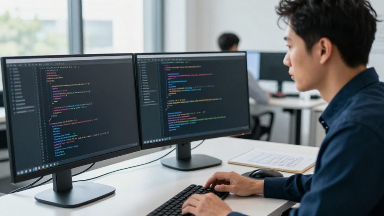 Ingeniero de control de calidad de software revisando líneas de código en un monitor doble dentro de una oficina moderna.