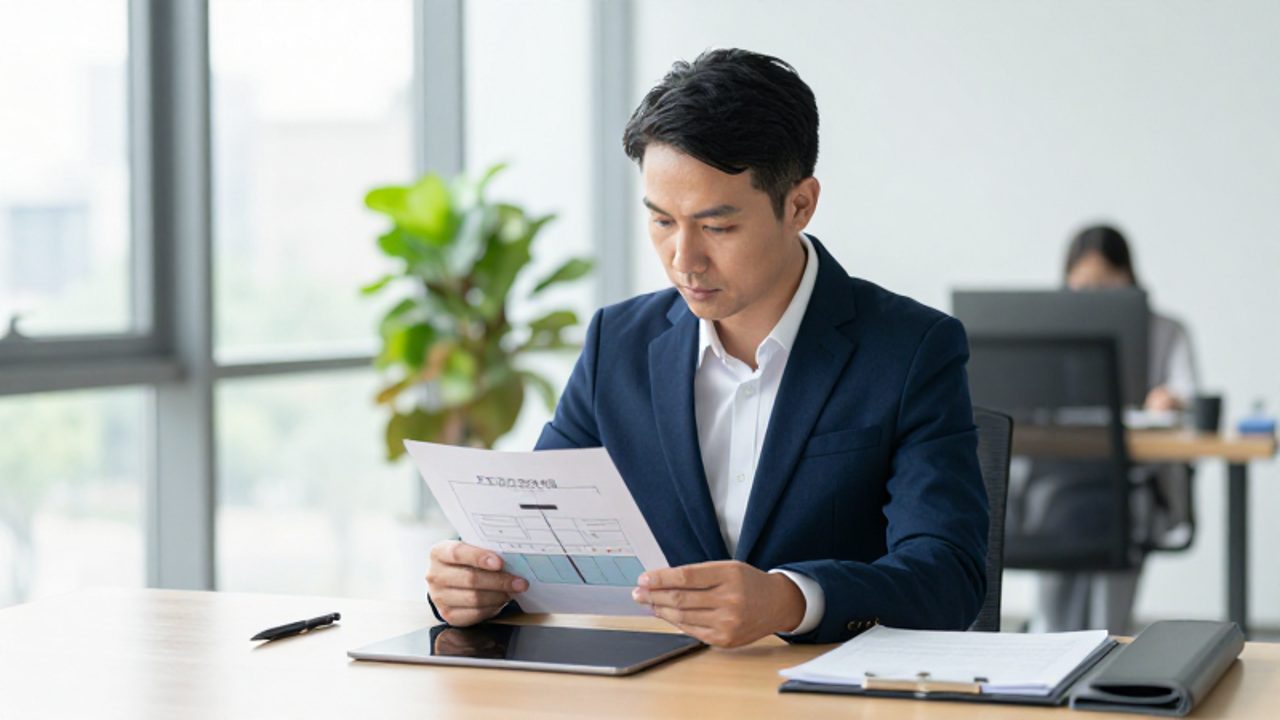 Un gestor de calidad revisa documentos técnicos y una tablet en una oficina moderna durante un proceso de auditoría.