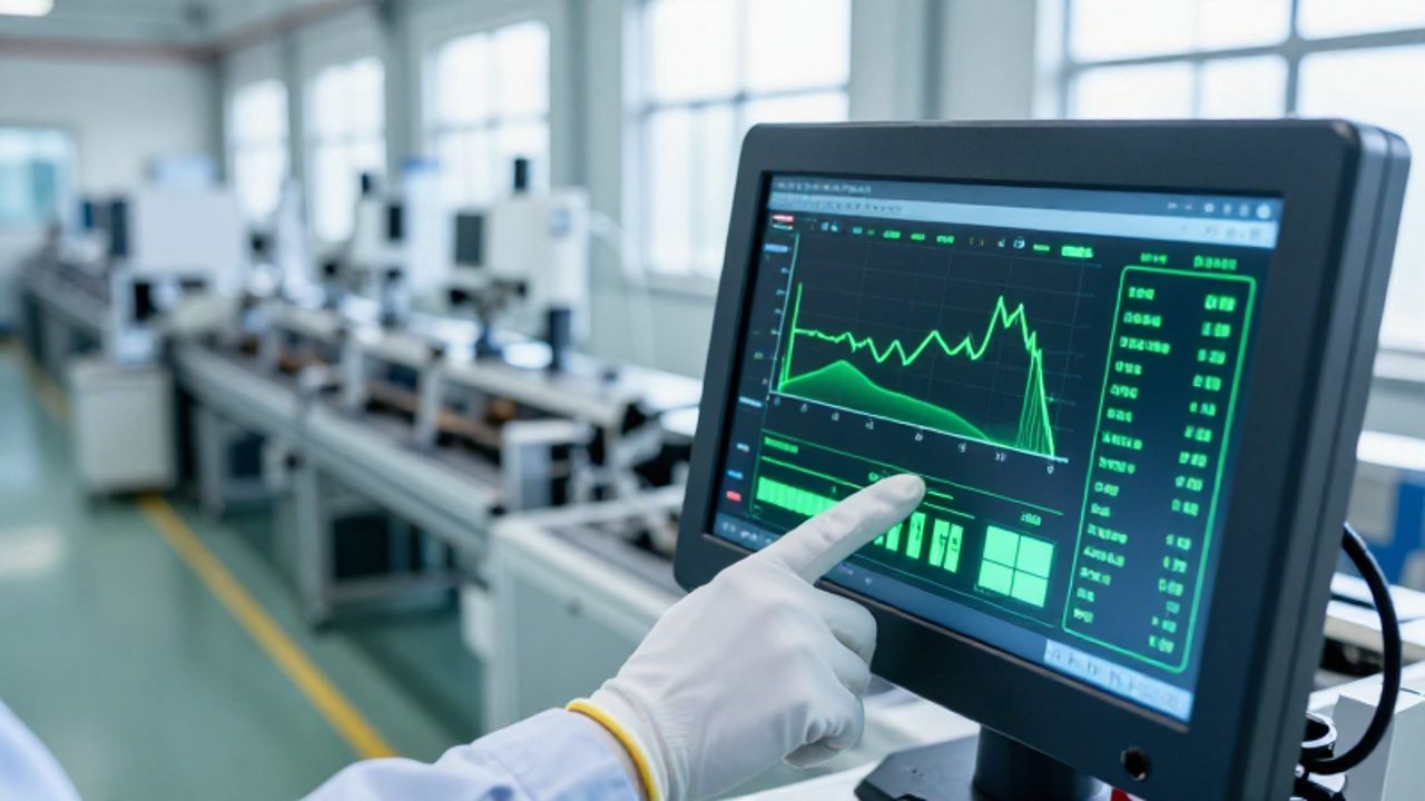Un técnico ajusta un panel de control digital en una línea de producción industrial que muestra gráficas de consumo energético.