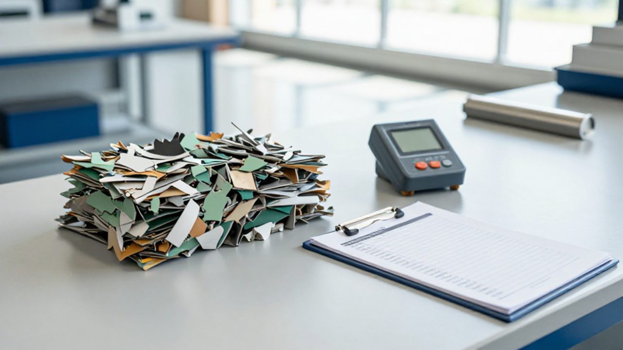 Mesa de trabajo industrial con materiales reciclados apilados junto a herramientas de medición y una lista de control técnica en un entorno de fábrica sostenible.