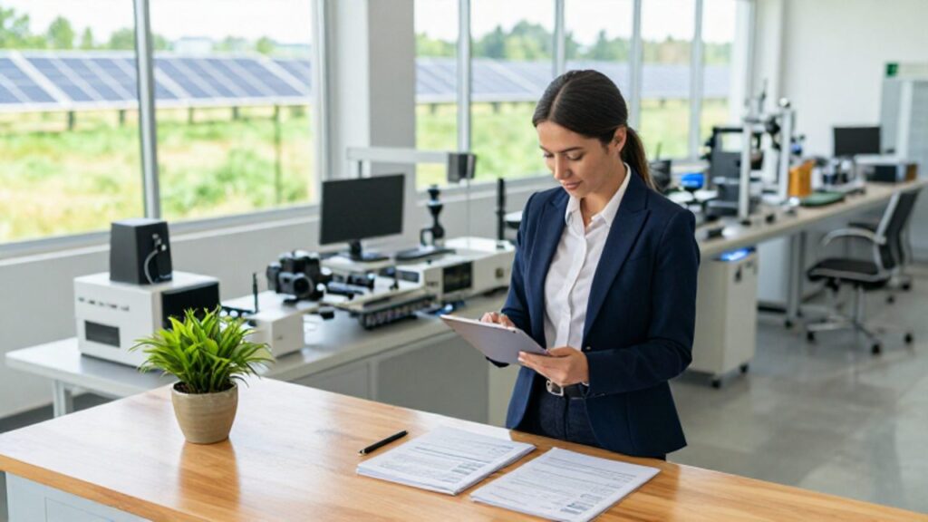 Una gerente de calidad supervisa una línea de producción sostenible con una tableta digital, rodeada de un entorno industrial luminoso con paneles solares y vegetación.