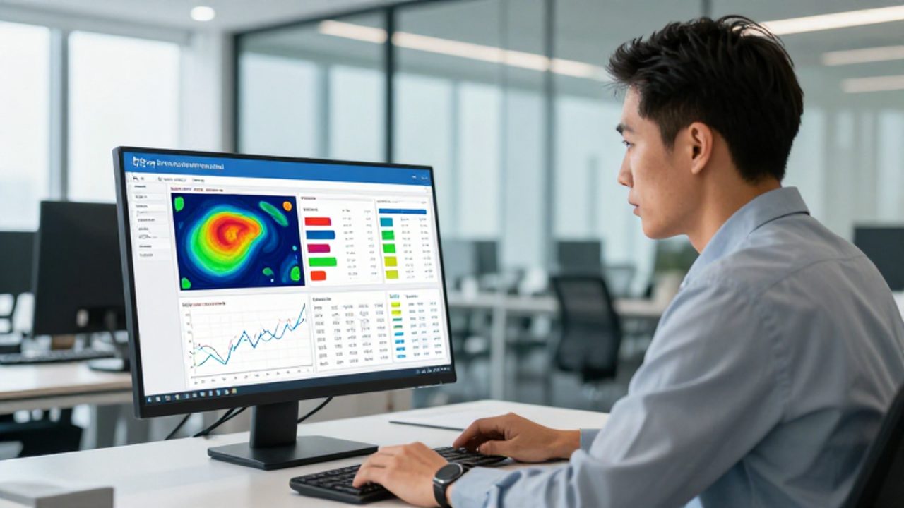 Gestor de calidad analizando gráficos de mapas de calor y matrices de riesgos en un monitor de ordenador en una oficina moderna.
