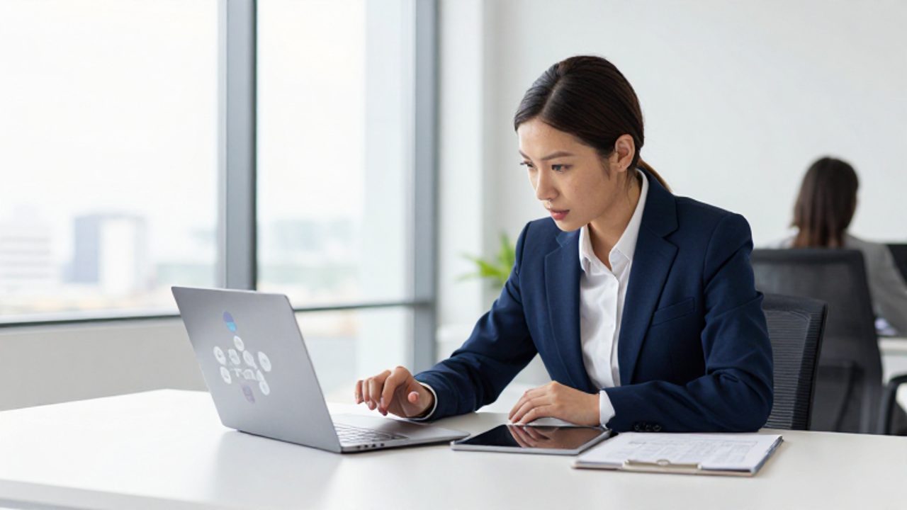 Un responsable de calidad y un líder de equipo colaboran en una oficina moderna revisando un diagrama de flujo de procesos en una tableta y un portátil.