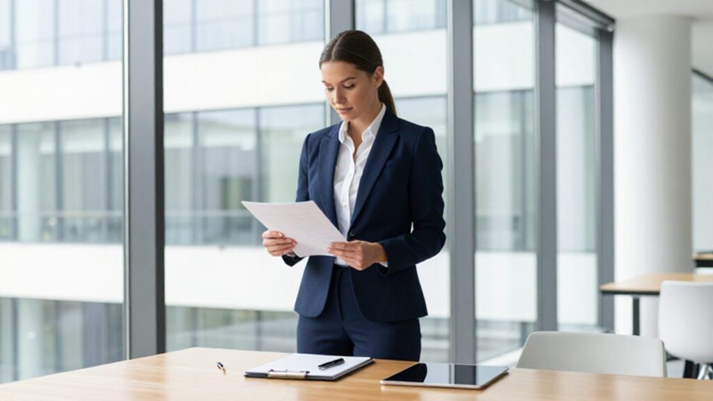 Líder empresarial revisando documentos estratégicos en una oficina moderna y luminosa.