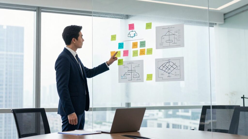 Estratega de negocios analizando diagramas y notas adhesivas de colores en una pared de cristal dentro de una sala de juntas moderna.