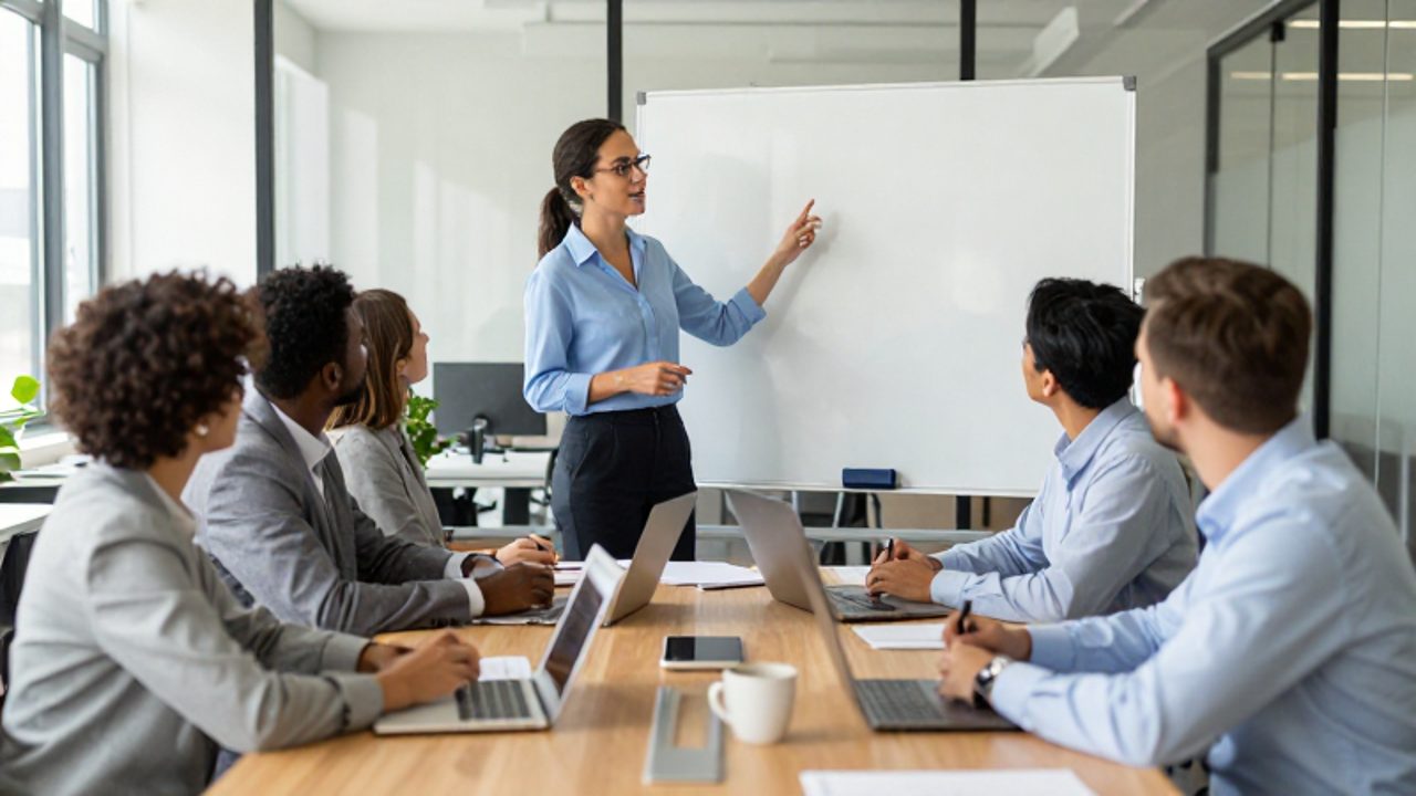 Equipo de profesionales trabajando de forma colaborativa en una reunión de oficina, liderada por una mujer que coordina la discusión frente a una pizarra.