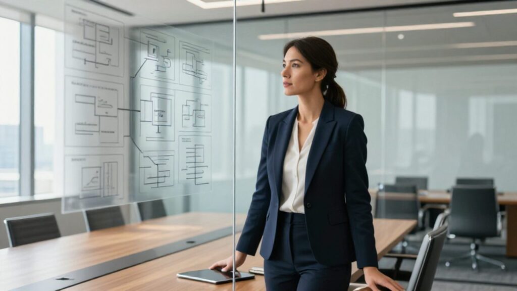 Una ejecutiva analiza diagramas y flujogramas estratégicos en una pared de cristal dentro de una moderna sala de juntas.