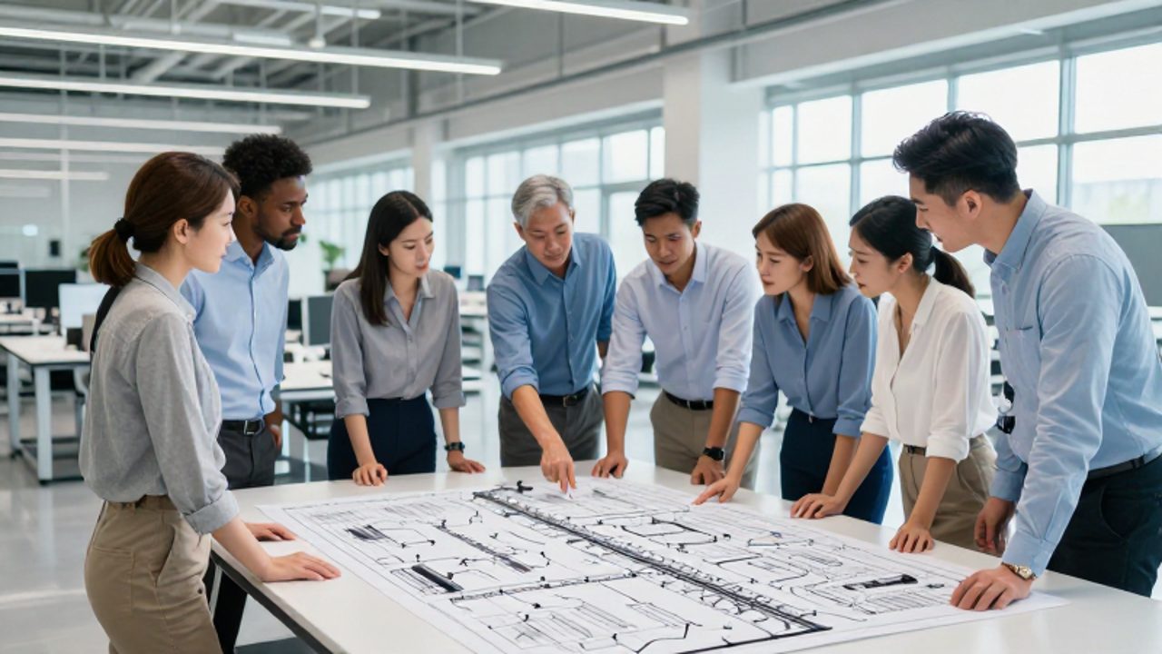 Grupo de ingenieros y gerentes analizan diagramas técnicos sobre una mesa de trabajo en una planta industrial moderna y organizada.