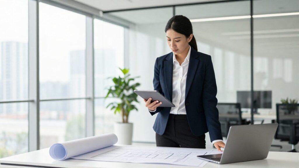 Ejecutivo de negocios revisando una tableta digital en una oficina moderna y organizada con vistas a la ciudad.