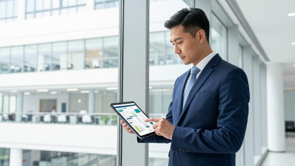 Un gestor de instalaciones revisa datos y organigramas en una tableta digital dentro de una oficina corporativa moderna y luminosa.