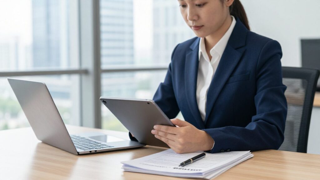 Auditor profesional revisando documentación técnica y una tableta sobre un escritorio en una oficina moderna.