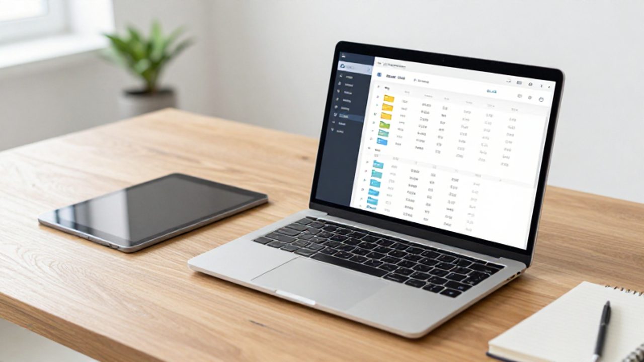 Laptop sobre un escritorio de madera con una interfaz de gestión de documentos en la nube y dispositivos digitales organizados.