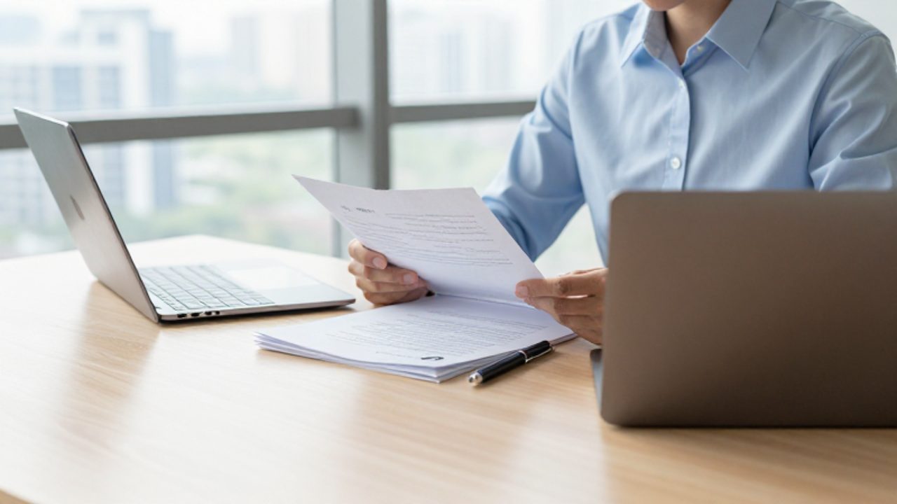 Persona revisando documentos oficiales y una tableta en un escritorio de oficina luminosa, enfocada en la investigación de materiales educativos.