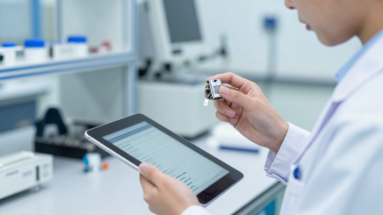 Especialista en control de calidad inspeccionando un componente con código QR mientras consulta los datos en una tableta digital en una planta industrial.