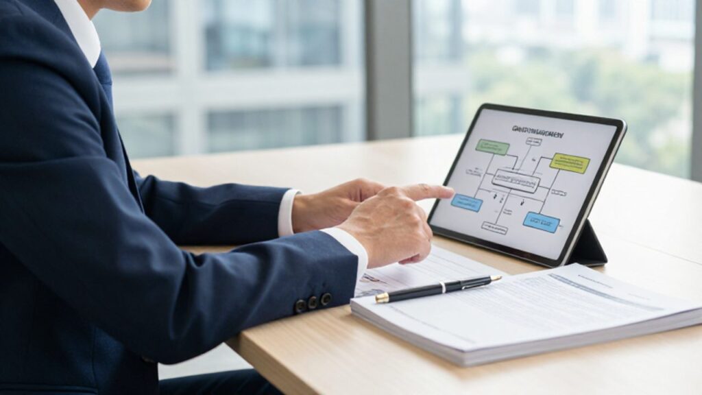 Consultor de negocios en una oficina moderna señalando diagramas de gestión de calidad en una tableta y documentos técnicos sobre un escritorio.