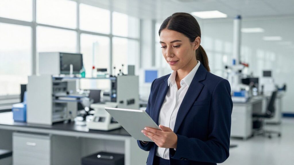Una responsable de calidad analiza datos en una tableta digital frente a una planta de fabricación moderna y organizada.
