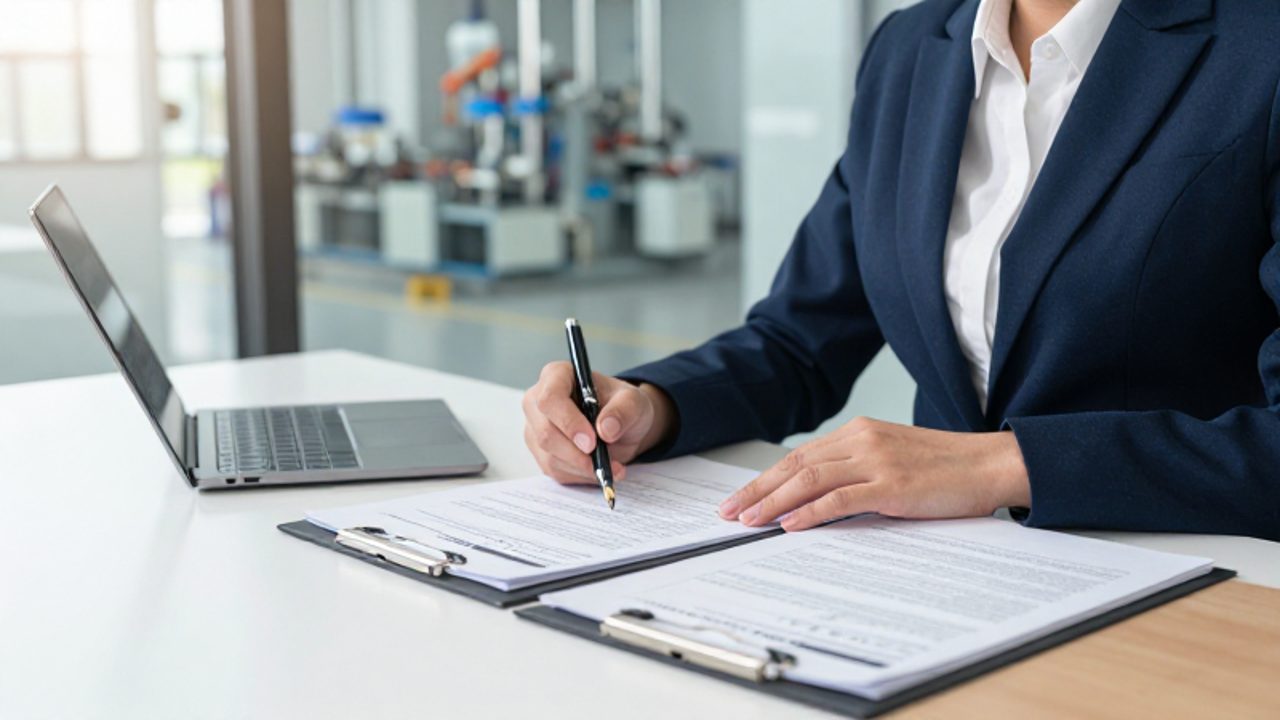 Un auditor revisa documentos de certificación sobre un escritorio en una oficina con vista a una zona de fabricación industrial.