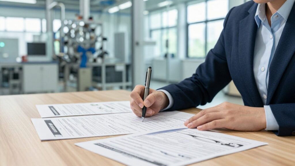 Auditor revisa documentos técnicos y listas de cumplimiento sobre un escritorio en una oficina moderna con una planta de fabricación al fondo.
