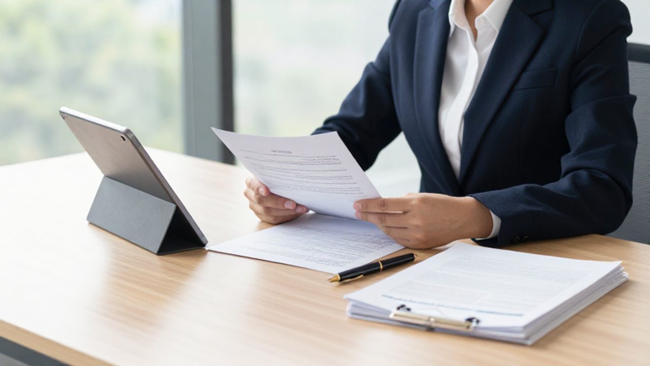 Un gestor de calidad revisa documentos técnicos y una tableta digital sobre un escritorio en una oficina moderna.