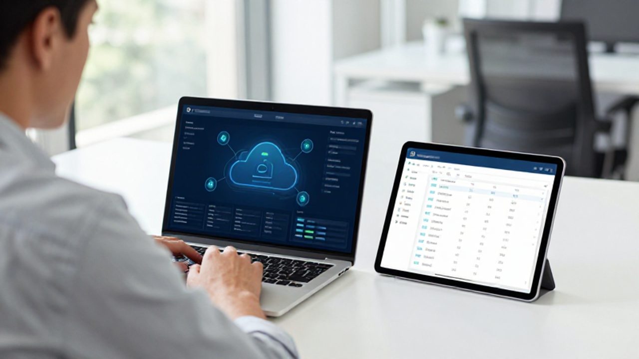 Un gestor de calidad analiza en una laptop y una tablet las diferencias entre una interfaz de gestión en la nube y un sistema de base de datos local.